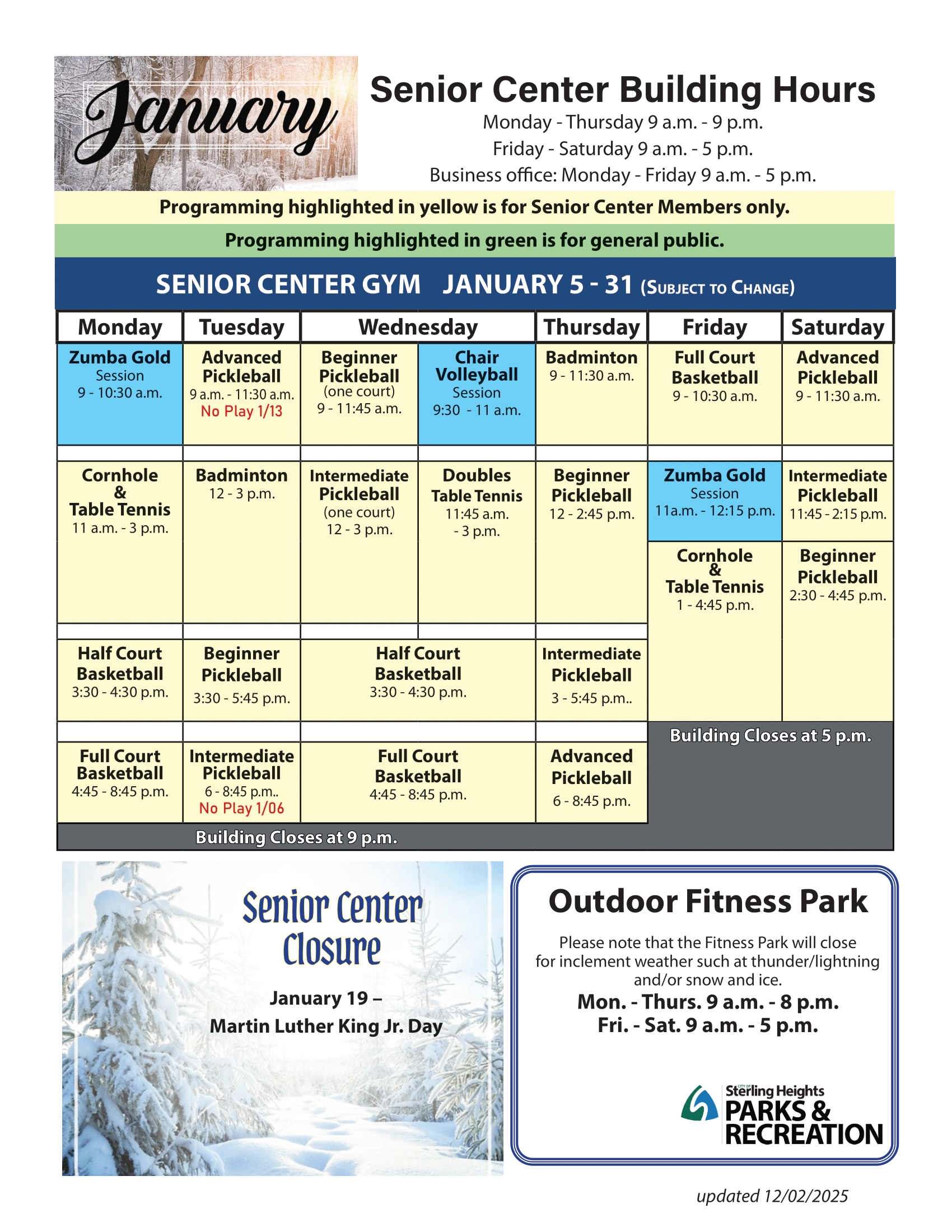 2026 Senior Center Gym Schedule